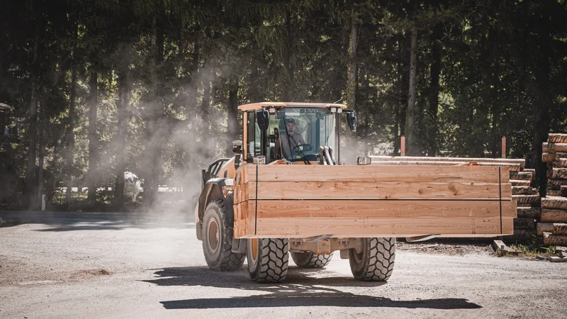 RawmanPictures - Sebastian Schiefermayr | Sägewerk Löberbauer | Bau-Fotografie: Bagger transportiert Holz bei Tageslicht in waldreicher Umgebung.