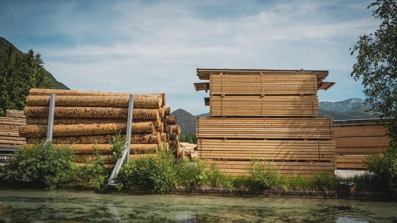 RawmanPictures - Sebastian Schiefermayr | Sägewerk Löberbauer | Holzstapel am Wasser mit Bergen, Fotografie von Naturressourcen und Landschaftsbau.