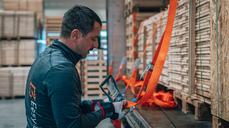RawmanPictures - Sebastian Schiefermayr | Firmenshooting EasyBox GmbH | Mitarbeiter sichert Ladung mit Spanngurten in Lager, Ladungssicherung, Logistik, Transport.