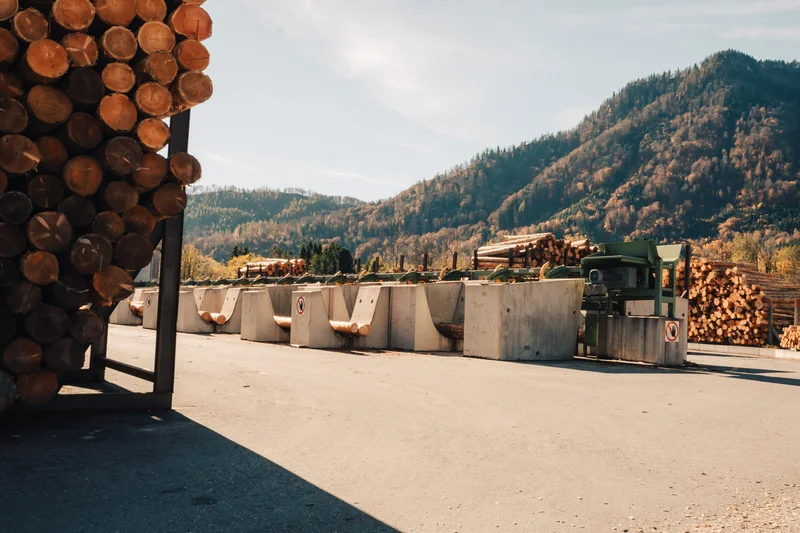 RawmanPictures - Sebastian Schiefermayr | Sägewerk Löberbauer | Holzverarbeitungsanlage vor Bergkulisse, perfektes Licht für industrielle Landschaftsfotografie.