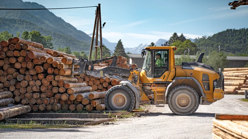 RawmanPictures - Sebastian Schiefermayr | Sägewerk Löberbauer | Holzverarbeitungsbetrieb mit Radlader, der Baumstämme stapelt – Forstwirtschaft, Logistik.
