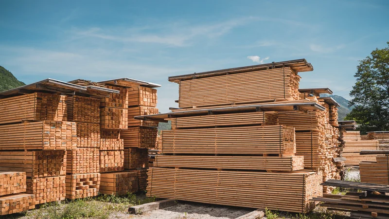 RawmanPictures - Sebastian Schiefermayr | Sägewerk Löberbauer | Holzstapel bei Sonnenschein, Sägewerk, Holzverarbeitung, natürliche Baumaterialien, Outdoor-Fotografie.