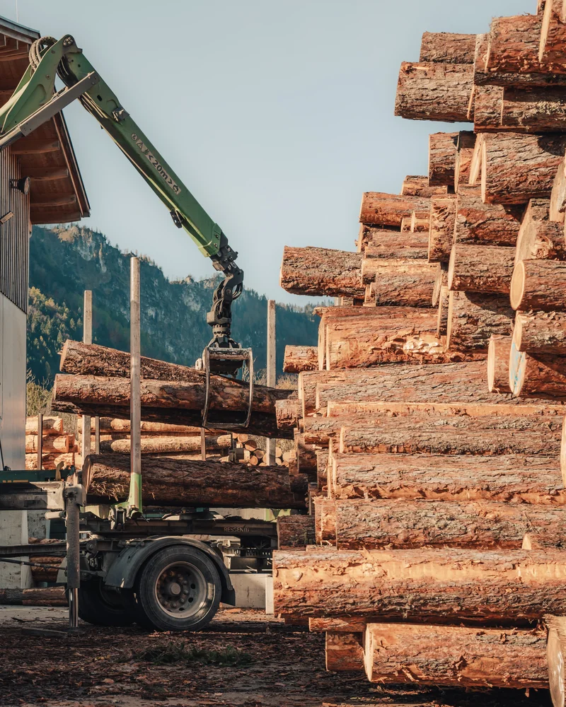 RawmanPictures - Sebastian Schiefermayr | Sägewerk Löberbauer | Holzstapel und Kran im Sägewerk - Industriefotografie, Holzverarbeitung, nachhaltige Forstwirtschaft.