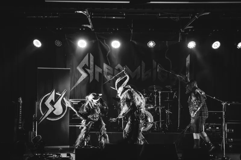 RawmanPictures - Sebastian Schiefermayr | Krampusnacht | Schwarz-Weiß-Foto eines energiegeladenen Live-Rockkonzerts mit dramatischer Bühnenbeleuchtung.