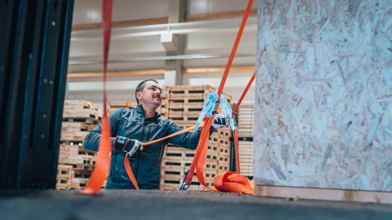 RawmanPictures - Sebastian Schiefermayr | Firmenshooting EasyBox GmbH | Lagerarbeiter sichert Ladung mit Spanngurten in Lagerhalle, industrielle Logistikfotografie.