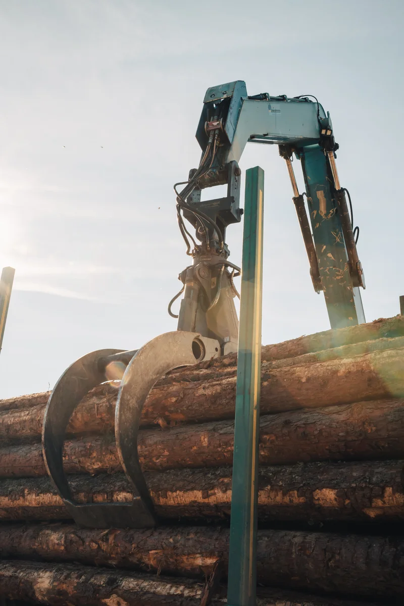 RawmanPictures - Sebastian Schiefermayr | Sägewerk Löberbauer | Industrieroboterarm bewegt Holzstämme im Sonnenlicht. Logistik und Technik Fotografie.