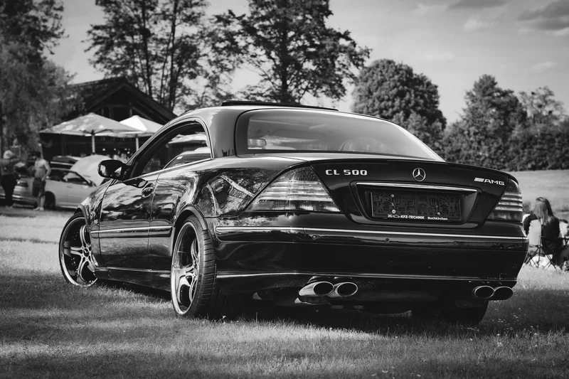 RawmanPictures - Sebastian Schiefermayr | Motortag Feldkirchen | Schwarz-Weiß-Fotografie eines Mercedes Coupés auf einer Wiese, elegant und zeitlos.
