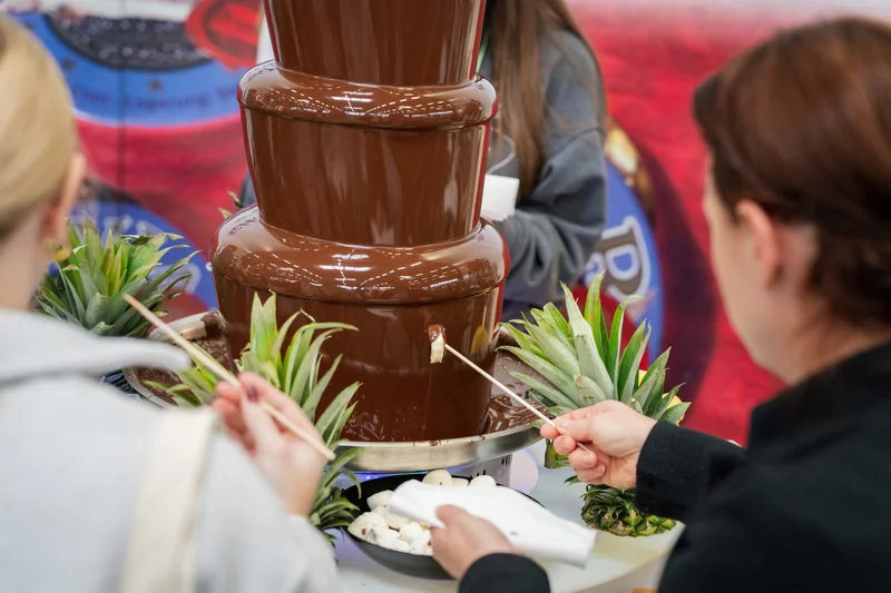 RawmanPictures - Sebastian Schiefermayr | Marke[ding] Wels | Schokoladenfontäne auf Event mit frischen Früchten und Gästen. Elegante Catering-Fotografie.