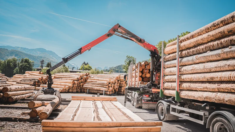 RawmanPictures - Sebastian Schiefermayr | Sägewerk Löberbauer | Landschaftsfotografie: Holzverladung in malerischer Bergkulisse, Naturindustrie und Umwelt.